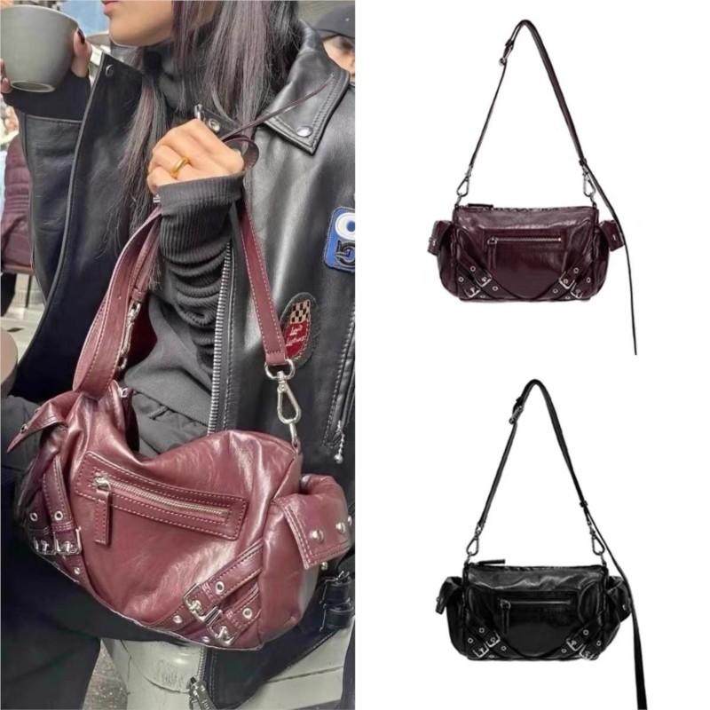 Vintage Hot Girl Crossbody Bag Women Studded Punk Shoulder Bag Ladies Durable Leather Large Capacity Cylinder Bowling Bag Y2k