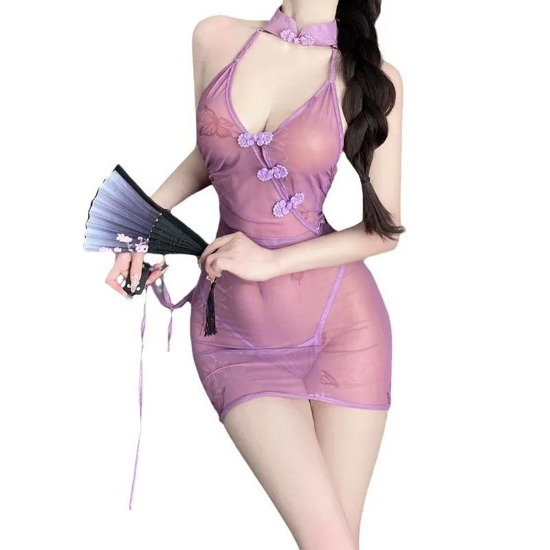 For Women Sexy Ancient Style Butterfly Love Flower Perspective Cheongsam Buttocks Tied Off Shoulder Wrap Buttocks Dress R9L0