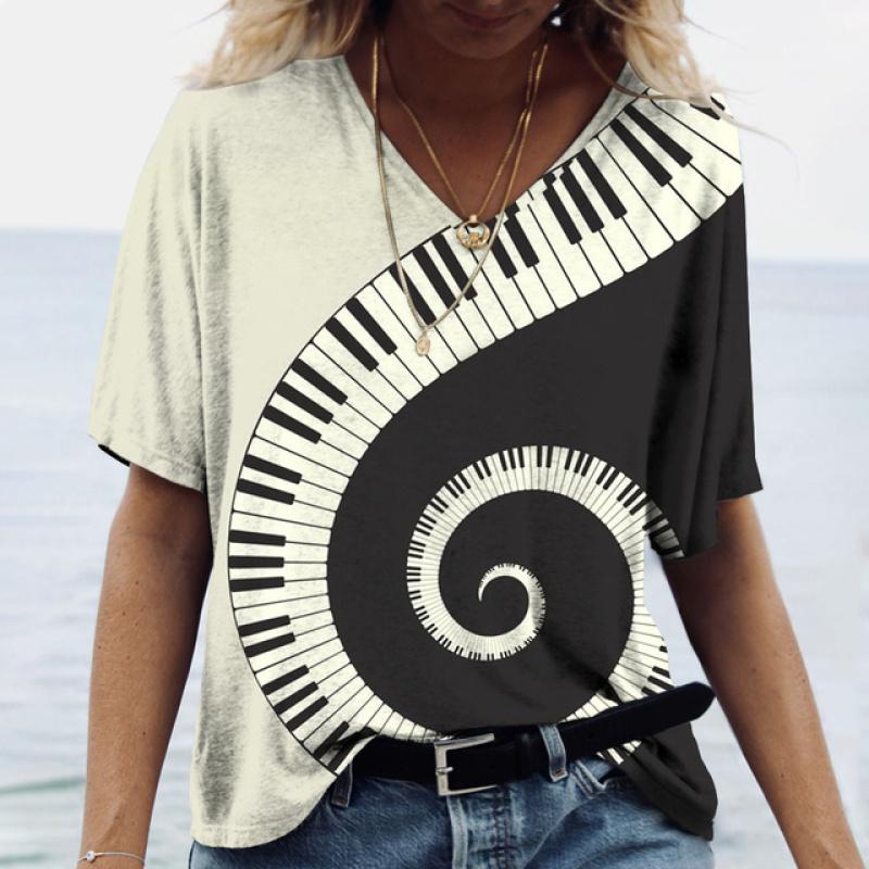 Women' T-shirt Piano 3d Print Everyday Casual Wear Oversized-shirt Funny Short Sleeve T-shirt V-neck Clothing Fitness Sweatshirt