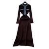 French Foreign Style Fashionable Small Fragrant Style Contrasting Colors Metal Buckle Round Neck Long Sleeve Waist Knitted Dress Women's Sweater Dress