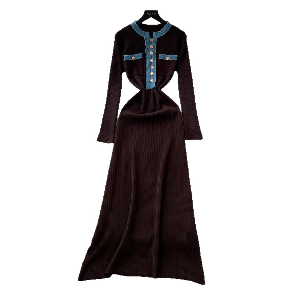 French Foreign Style Fashionable Small Fragrant Style Contrasting Colors Metal Buckle Round Neck Long Sleeve Waist Knitted Dress Women's Sweater Dress