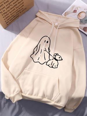 Little Devil Leading Dog Printing Hoodies Women Comfortable Pocket Hooded Winter Fleece Warm Tops Basics Sporty Woman Clothes