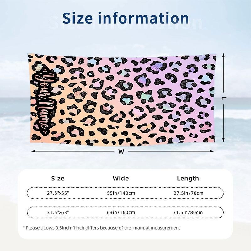 Leopard Ornate Frame Theme Quick Dry Beach Towel Custom Name Text Print Large Sand Resistant Towel Beach Vacation