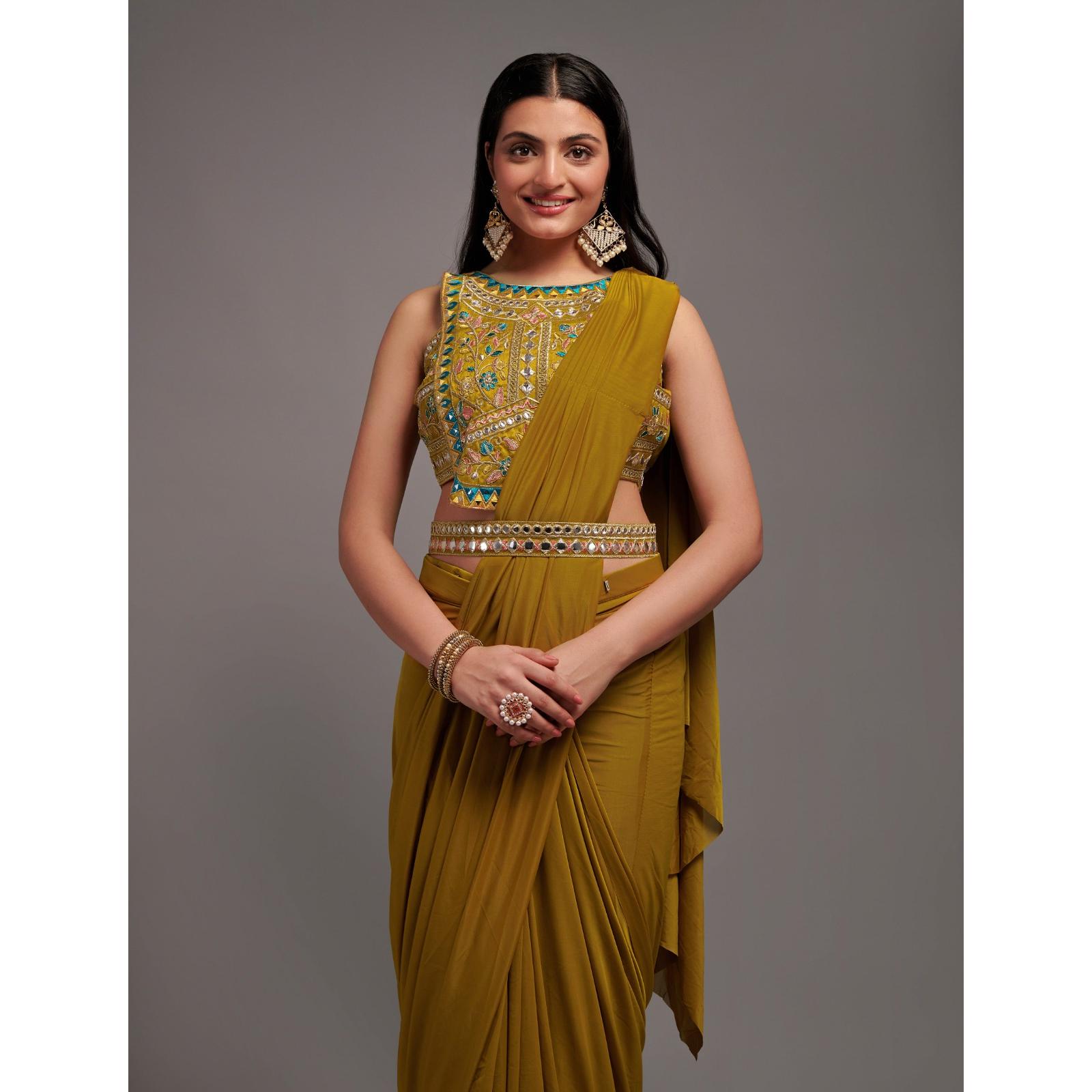

Women s Designer Ready to Wear Lycra Saree And Unstitched Blouse Piece