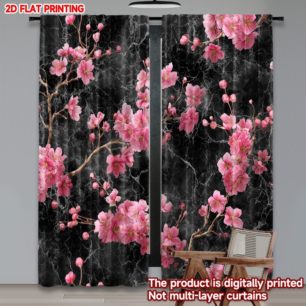 2pcs Cherry Blossom Curtains Pink Flowers with Detailed Stamens on Dark Marble Background for Elegant Bedroom Decor