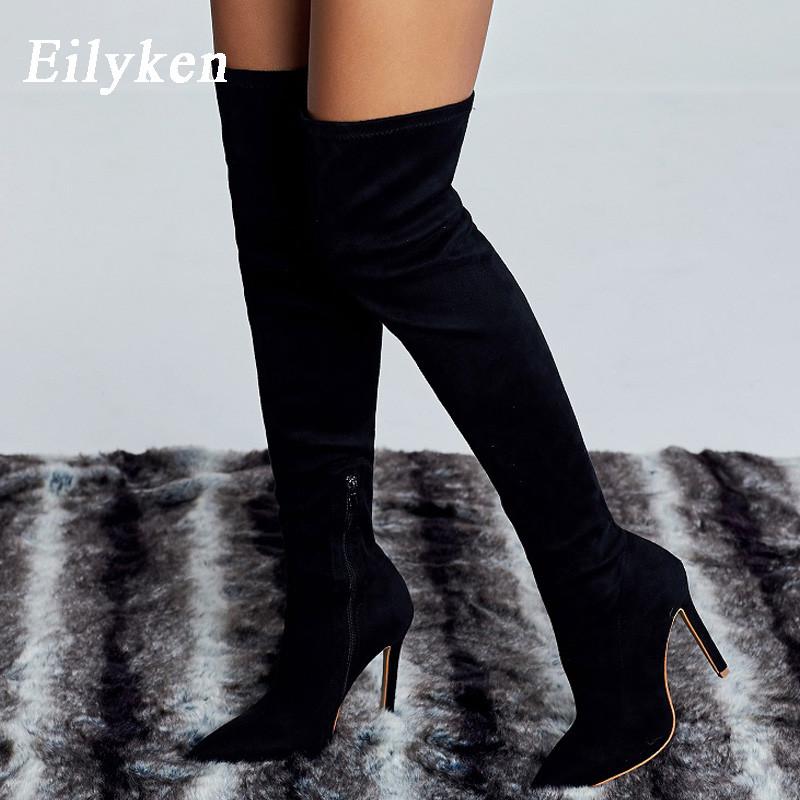 Eilyken Sexy Fashion Pointed Toe Over-The-Knee Boots Women Red Zipper High Heels Shoes Winter Striptease Motorcycle Long Botas