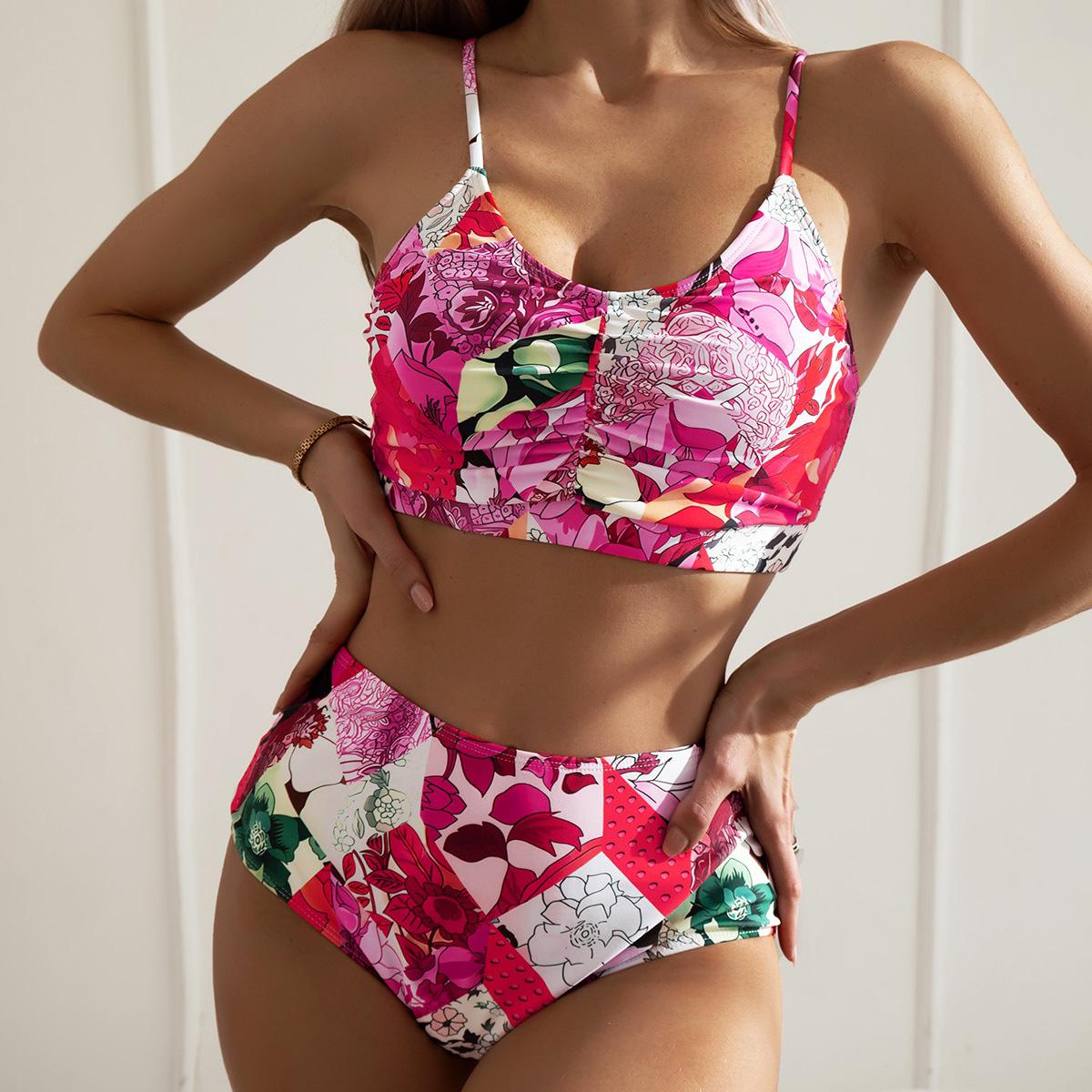 

Европейский и американский женский купальник-тройка с тропическим принтом и сексуальным дизайном с высокой талией Small цветочные печати