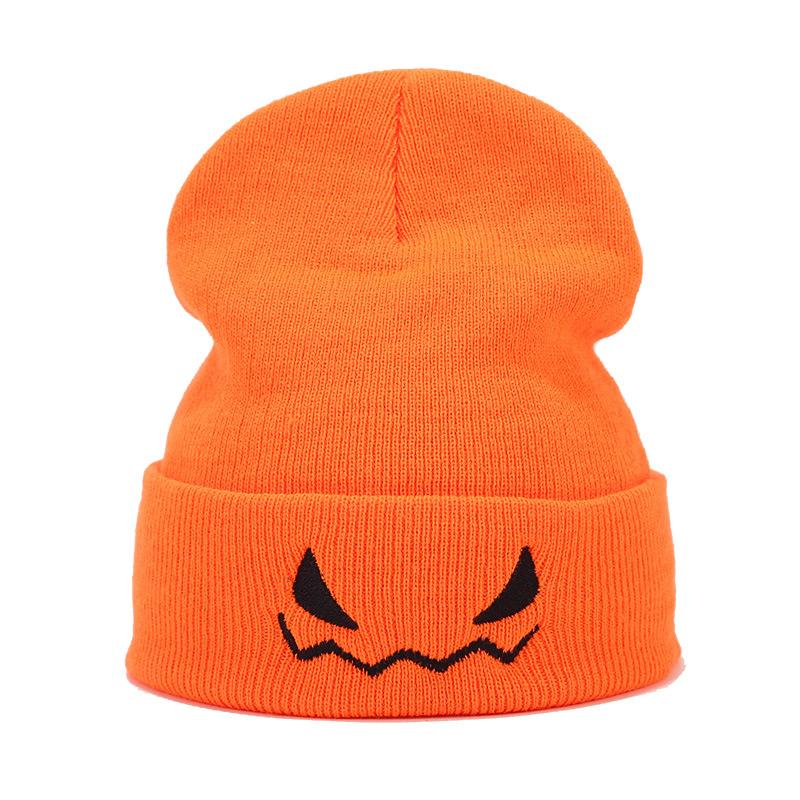 European and American new Halloween pumpkin little devil expression embroidery knitted hat men's and women's autumn and winter warm wool hat
