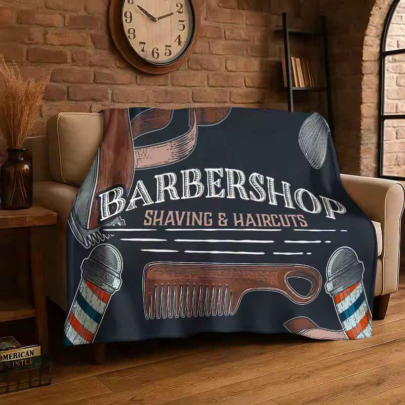 Retro Barber Shop Fashion Sign Flannel Blanket Soft Warm Throw Blanket for Bedroom Living Room Bed Travel Camping Picnic Cover