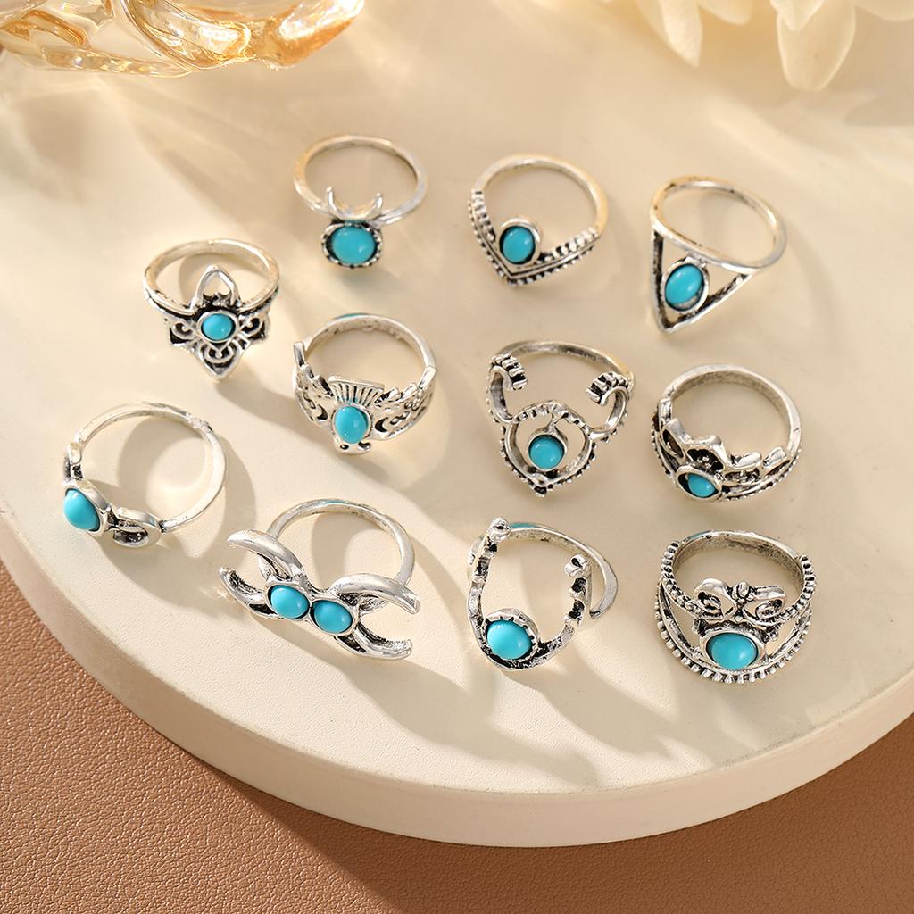 11pcs Vintage Turquoise Flower Ring Set for Women Bohemian Geometric Knuckle Finger Rings Vacation Party Daily Wear Jewelry Gift
