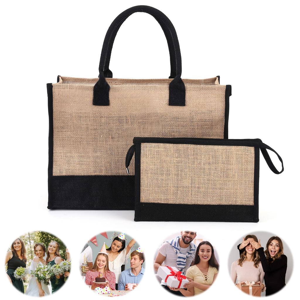 Women Jute Tote Bag Burlap Tote Bag Patchwork with Pouch Reusable Gift Tote Bag Commuting Bag for Wedding Birthday Holiday
