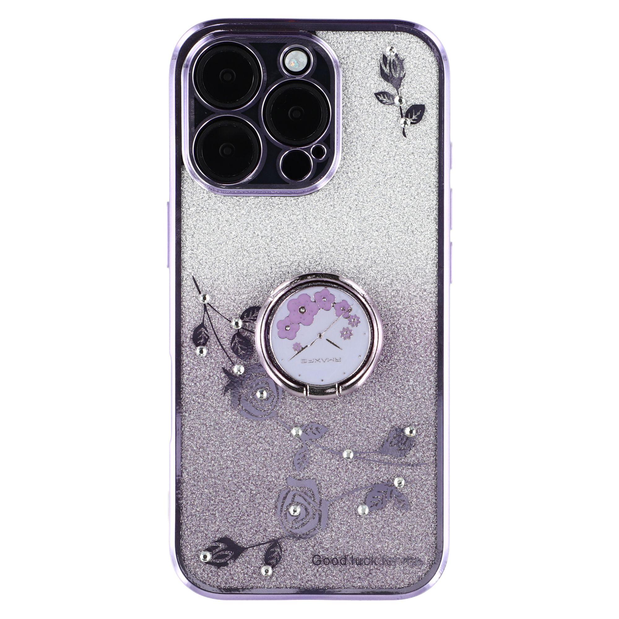 

KADEM For iPhone 16 Pro Max Case TPU Gradient Flowers Phone Cover Ring Kickstand Purple