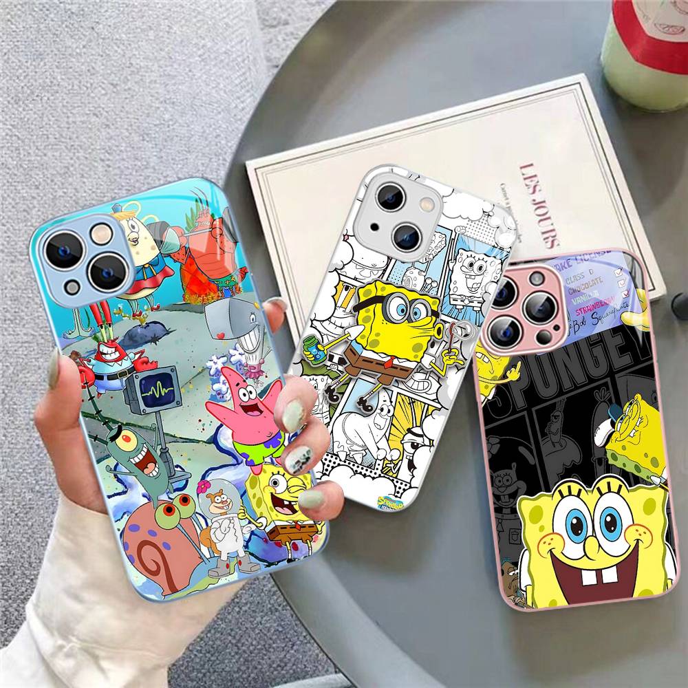 Cartoon Niedlich S-SpongeBob Anime Gehärtetes Glas Für Iphone 14 13 12 11 Pro Mini XS MAX 14Plus X XS XR Hüllen