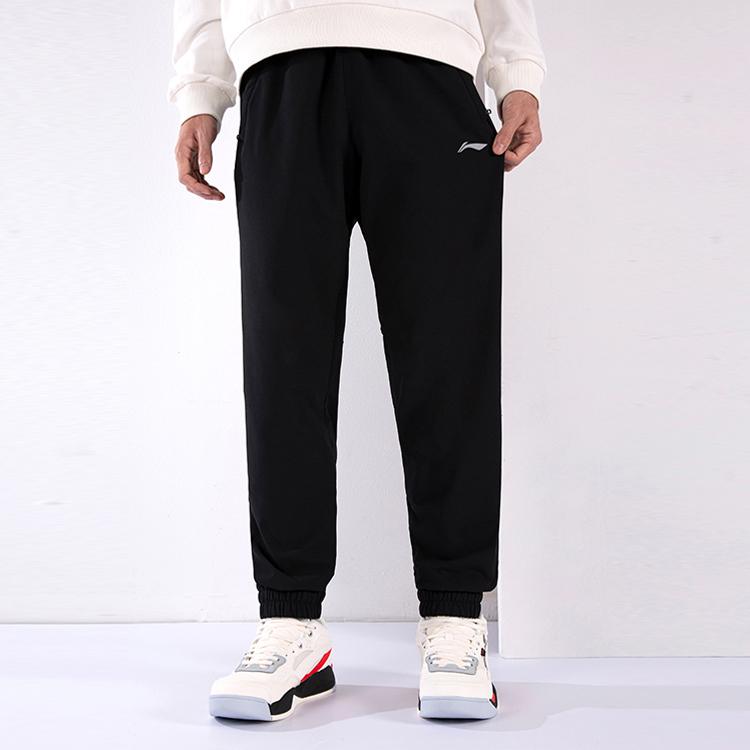 Li Ning Plain Logo Print Fleece Cuffed Sports Pants Men bottoms Black AYKR891-1