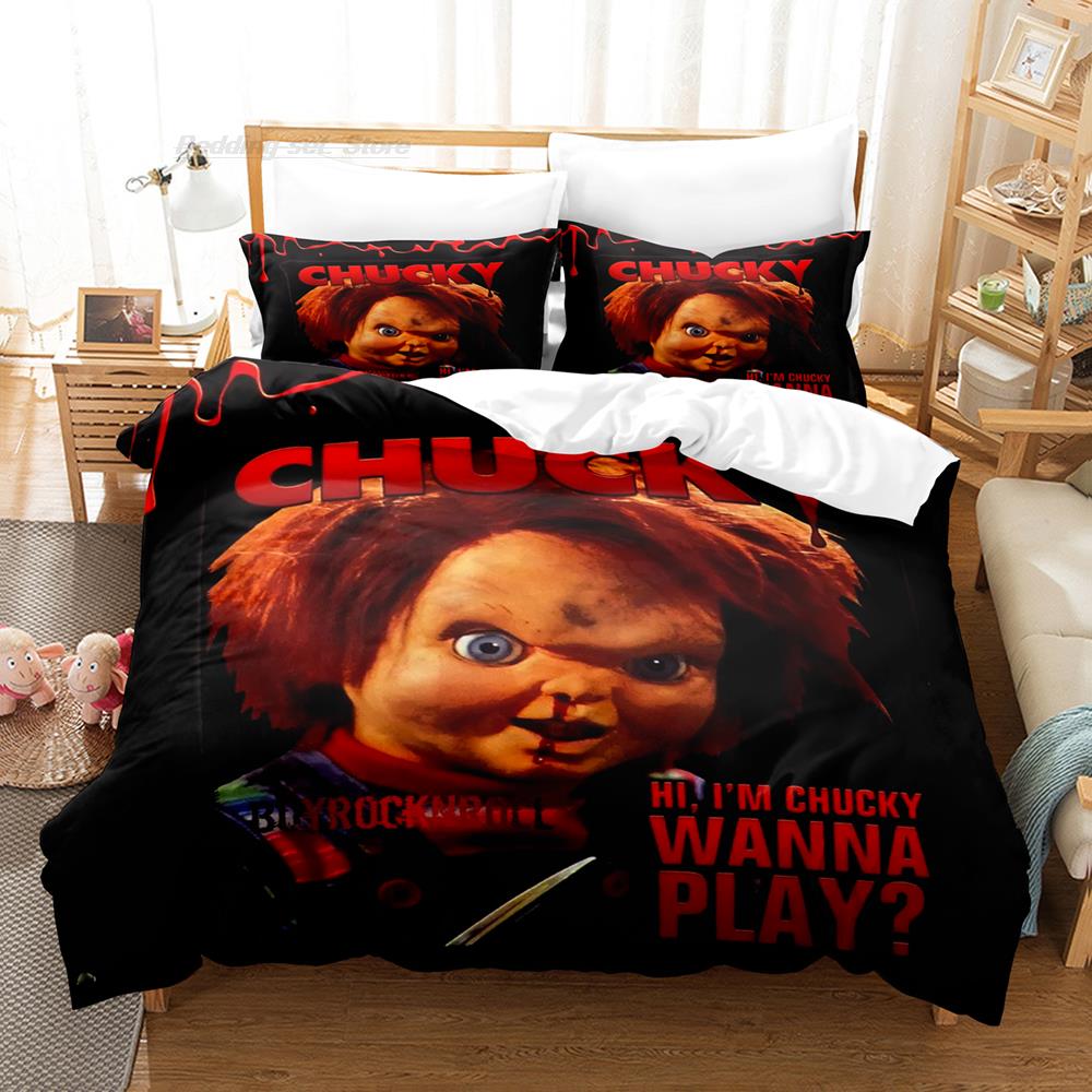 Juego de ropa de cama Chucky para cama individual, doble, queen o king size. Juego de funda nórdica para dormitorio de adulto o niño. Diseño 3D de Halloween.