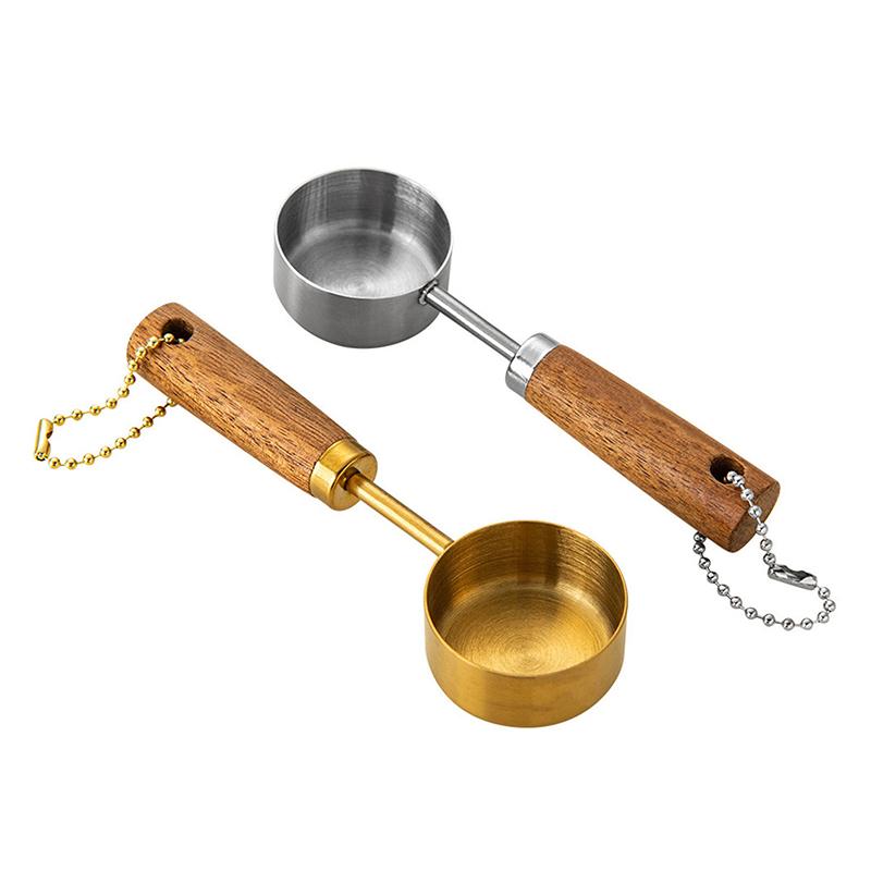15 ml Messlöffel aus Edelstahl mit flachem Boden, aufhängbar, Messbecher, rostfrei mit Holzgriff, Küchenkaffeemesswerkzeuge