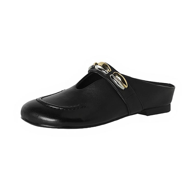 Fashion Women's New Summer Leather with Increased Height Metal Belt Buckle, Middle Heel and Toe Cover, M Ü Ller Slippers