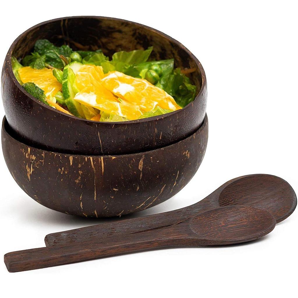 Natural Coconut Bowl Set: Coconut Shell Bowl with Coconut Wood Spoon and Fork for Fruit, Smoothies, and Salads