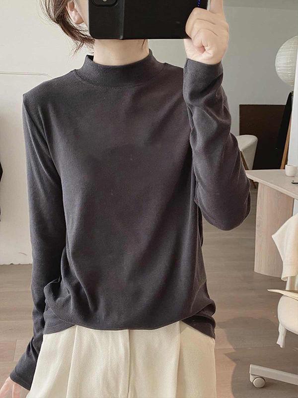 Women's Retro White Half-High Collar Long Sleeve Slimming T-Shirt - Autumn Winter Lazy Style Base Layer