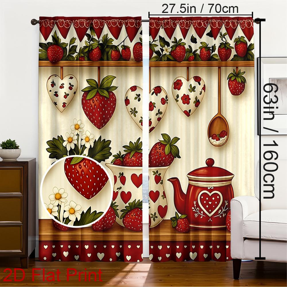 VIKAMA 1/2Pcs Strawberry Blackout Rod Pocket Curtain, Heart Leaves Print Polyester For Living Room Kitchen Bedroom