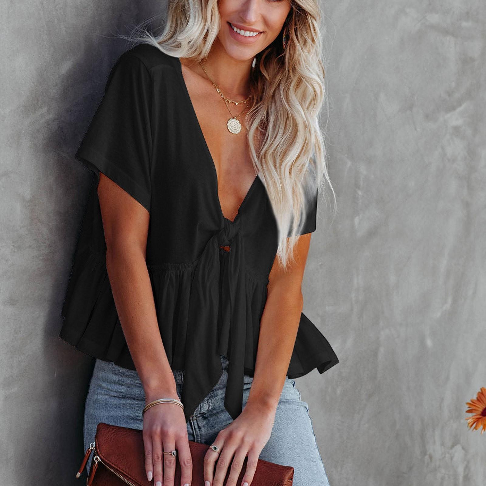 Женская летняя модная цветная свободная короткая футболка с завязками и рюшами S чёрный