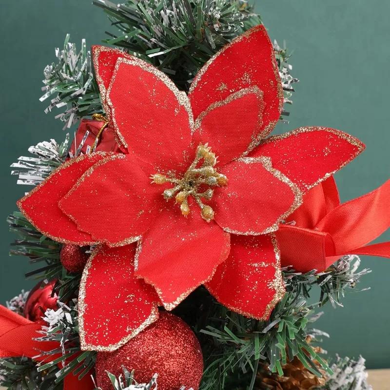 50/10PCS Red Gold Glitter Christmas Flowers Artificial Fake Flower Florals Garland Xmas Tree New Year Party Ornaments Home Decor