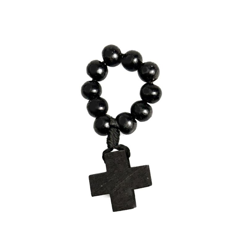 Natural Pine Wood Bead Finger Chain Rosary with Faith Symbol Handcrafted for Baptism and Individual Adornment