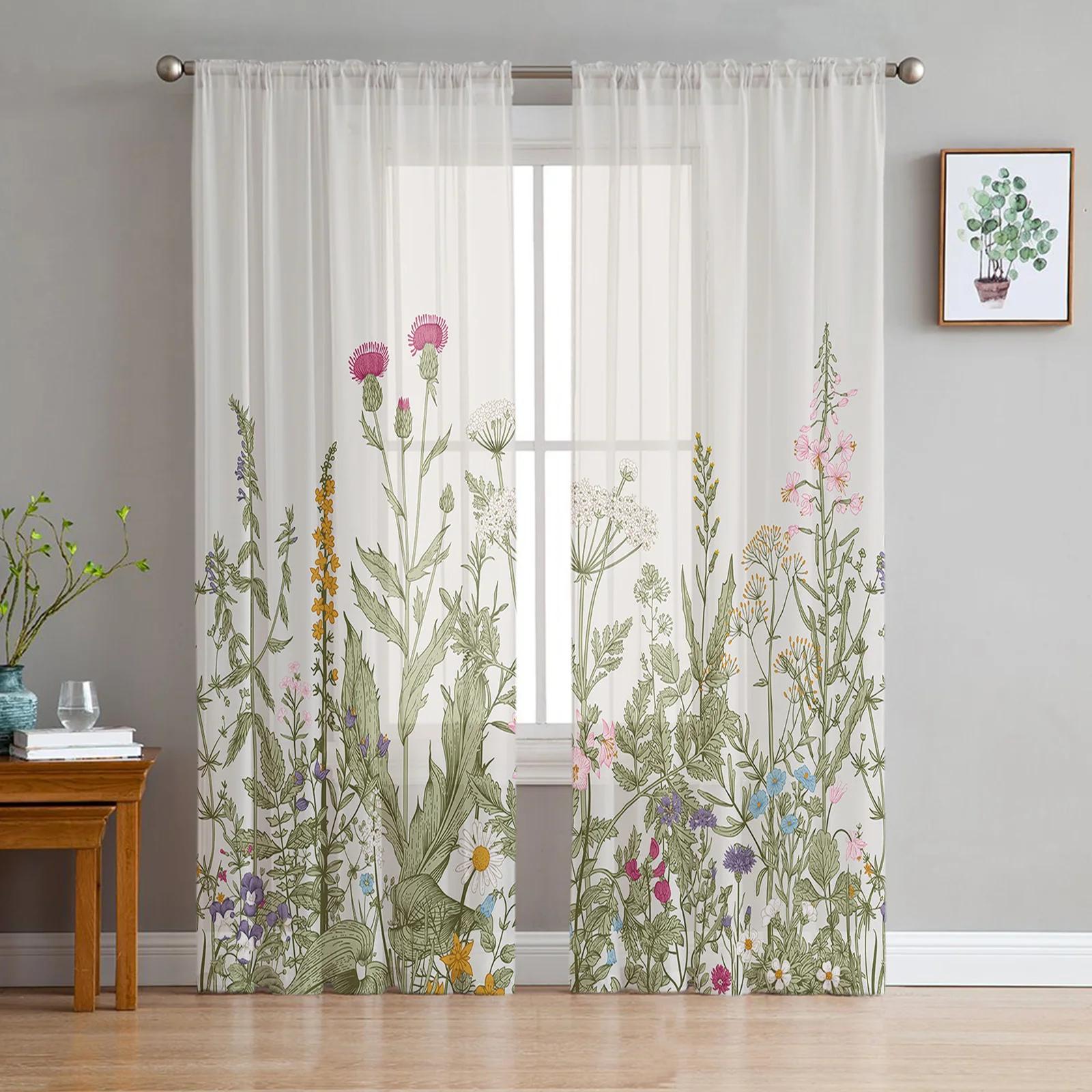 

Vintage Herbaceous Floral Butterfly Flower Sheer Drapes Ideal for Living Room Decoration Window Curtain Kitchen Tulle Sheer Fabric Drapes W135 x H115cm x1&Rod Pocket