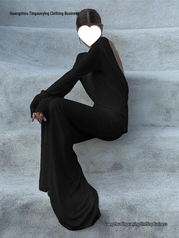 Elegant European & American Women's Backless Long Sleeve Evening Gown - Autumn/Winter Collection