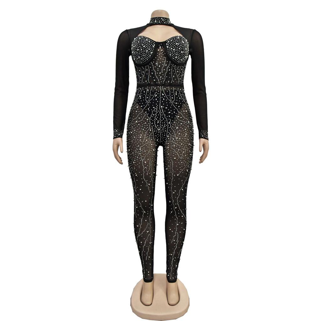 Combinaison en maille à manches longues pour femme avec design strassé