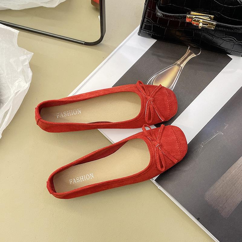 Super Soft Single Shoes Women's Suede Green Bow Flat Bottom 2025 Spring and Autumn Round Head Soft Sole Light Mouth Shoes Women
