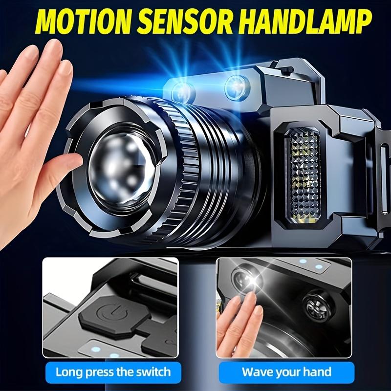USB rechargeable LED headlight with motion sensor,5 lighting mode,adjustable and telescopic zoom,power display,for work,travel,hiking,fishing,repair