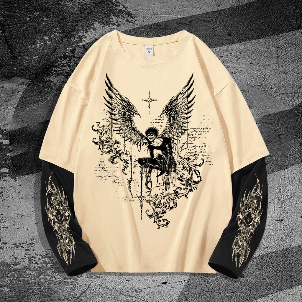 Męska koszulka Y2k Goth z grafiką, oversize, z długim rękawem, z okrągłym dekoltem, streetwear, wiosenna