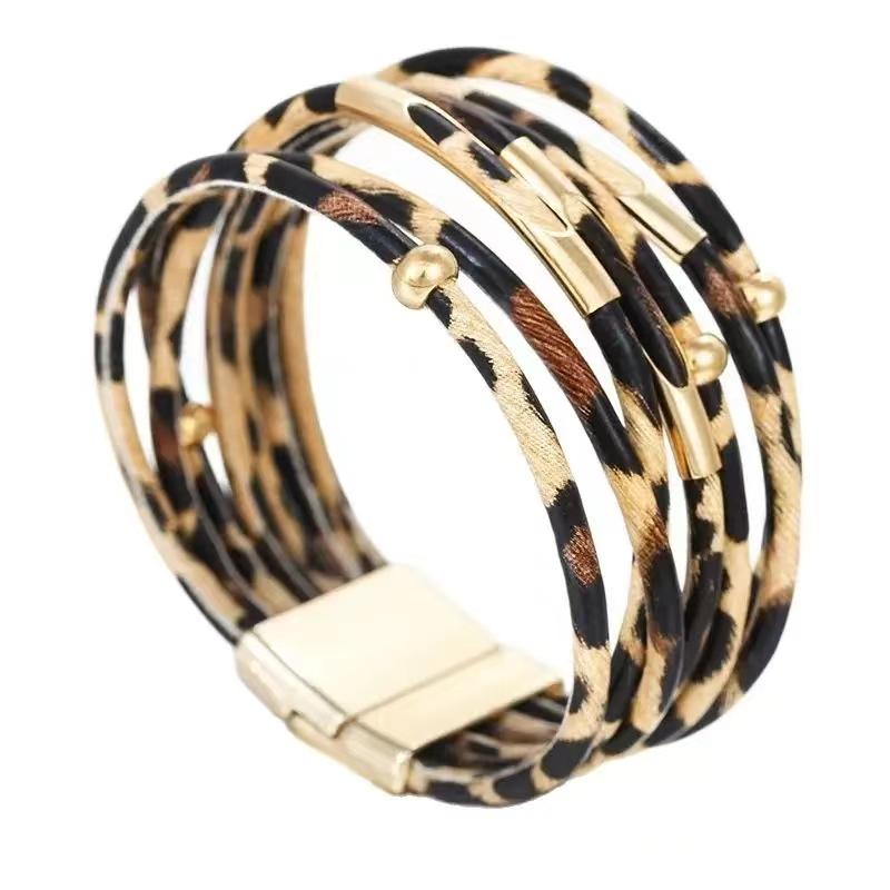 Vintage Metallrohr Leopardenleder Armband Für Damen Herren Boho Mehrlagiges Wickelarmband Charmschmuck