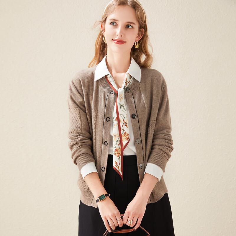 Pull Cardigan à Col Rond Texturé 100% Laine Pure pour Femmes TUHUANG