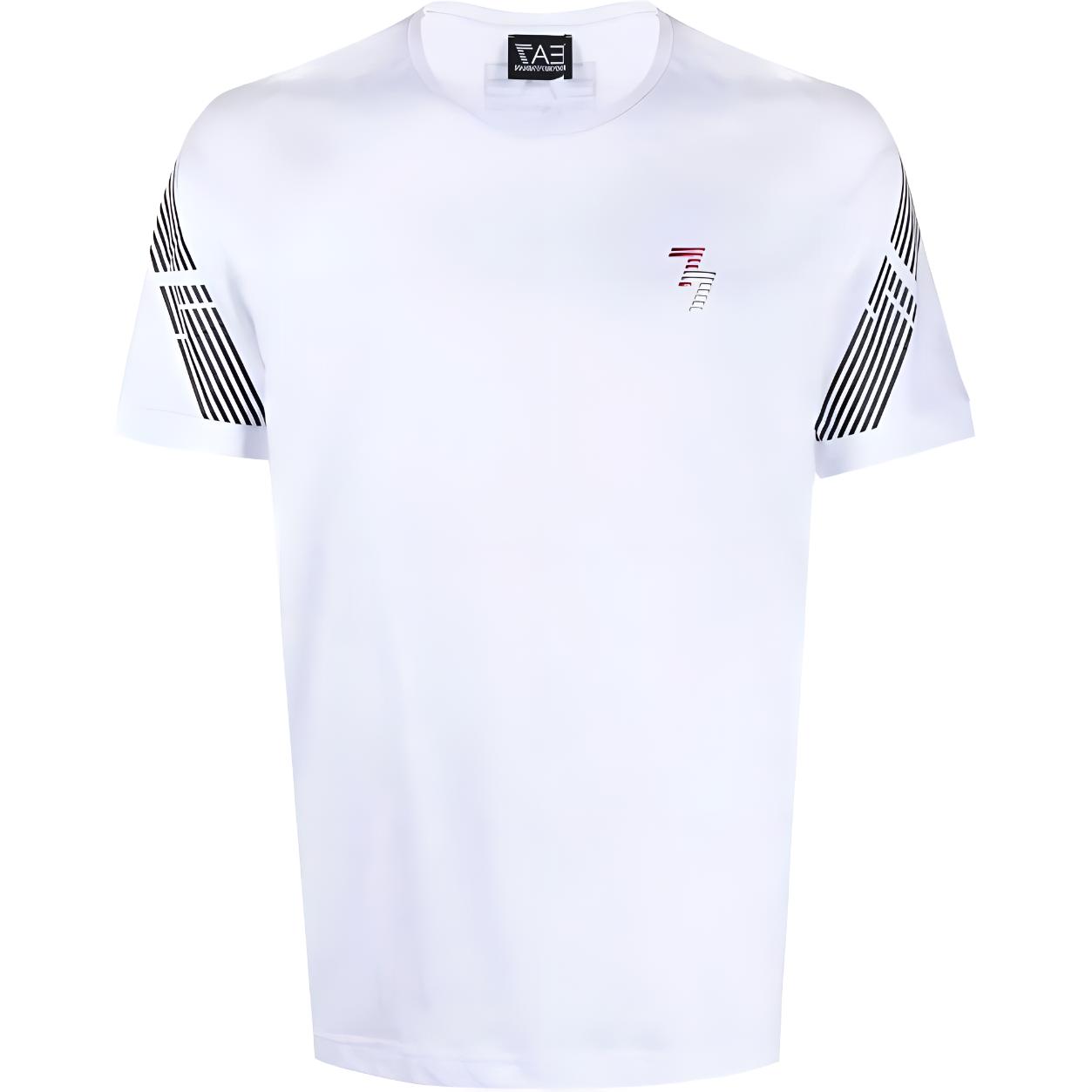 Emporio Armani EA7 SS23 Striped Crew Neck Logo Print Short Sleeve T-Shirt Men tops White 3RPT03-PJ3BZ-1100 XS