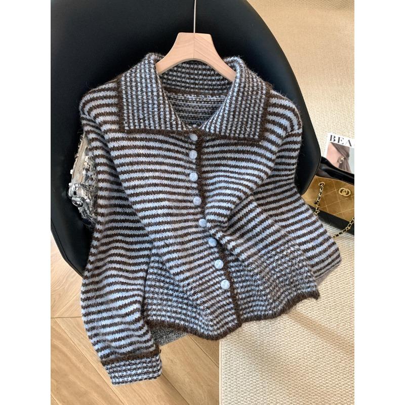 

Design sense contrasting color striped sweater jacket women s autumn and winter lazy loose lapel knitted cardigan top average size