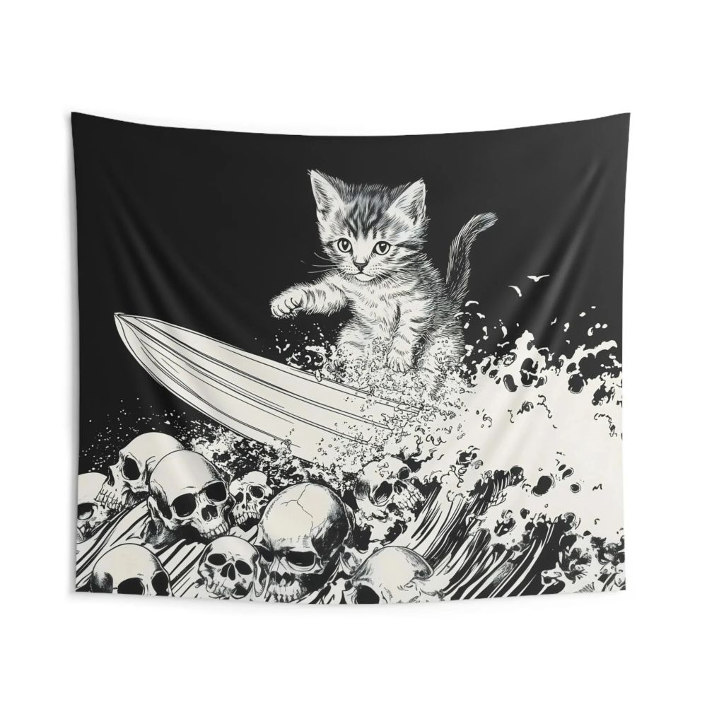 

VIKAMA Dark Surfing Cat Tapestry Cool Skull Wave Kitten Wall Hanging for Dorm Gaming Room Bedroom Decor 74x94cm(29x37in)