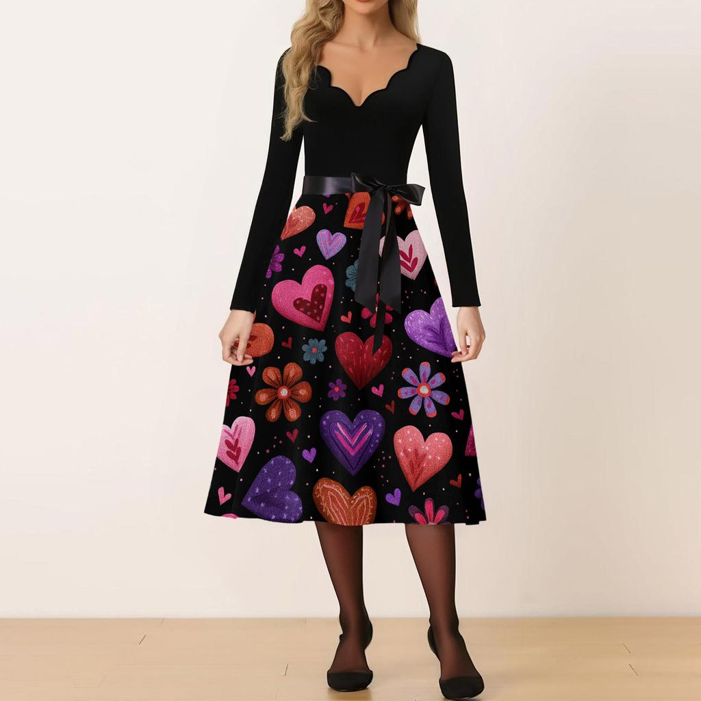 Damen Casual Mode V-Ausschnitt Valentinstag Print Retro Kleid