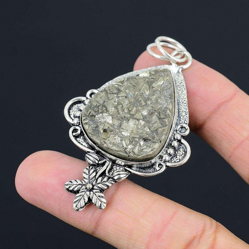 Sisters Day Deal Pyrite Druzy Stone Elegant Wife Flower Pendant Sterling Silver