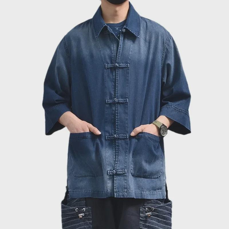 2024 Men's Retro Japanese-Chinese Buttoned Denim Shirt - Loose Casual Half-Sleeve Trendy Top