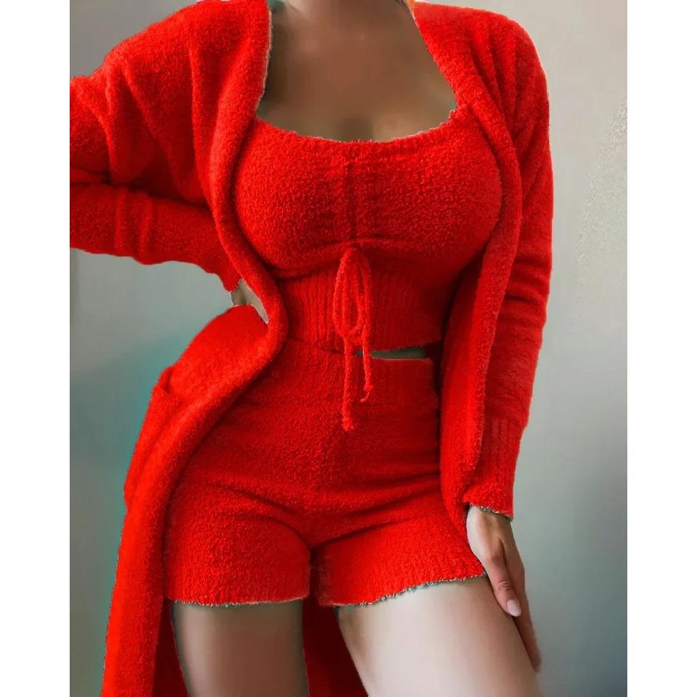 Nová Podzimní Zimní Dámská Sametová Pyžamová Souprava Crop Top+Dlouhé Kalhoty+Župan 3dílný Oblek Teplé Měkké Fleecové Domácí Oblečení Pyžamo S-3XL