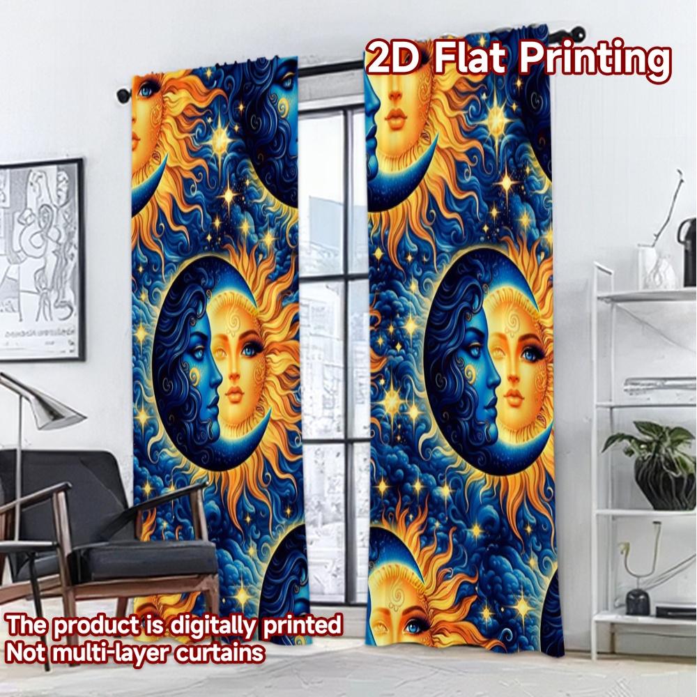 2D FLAT PRINTING 2pcs Curtains (Without Rod) Sun and Moon Faces Popular Creative Curtains Versatile Polyester Fabric Curtains