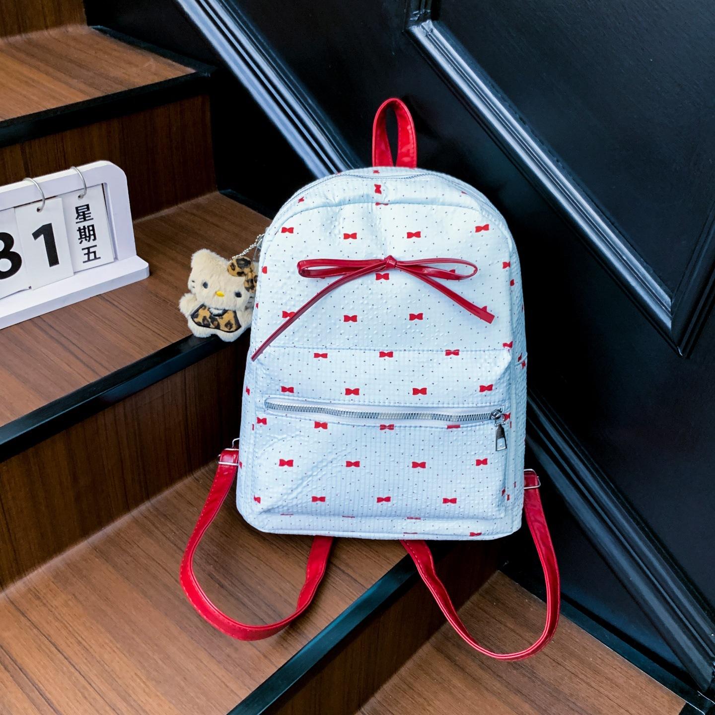 

Bow polka dot backpack for women 2025 new fashion and versatile student school bag light travel backpack for women No pendant синий