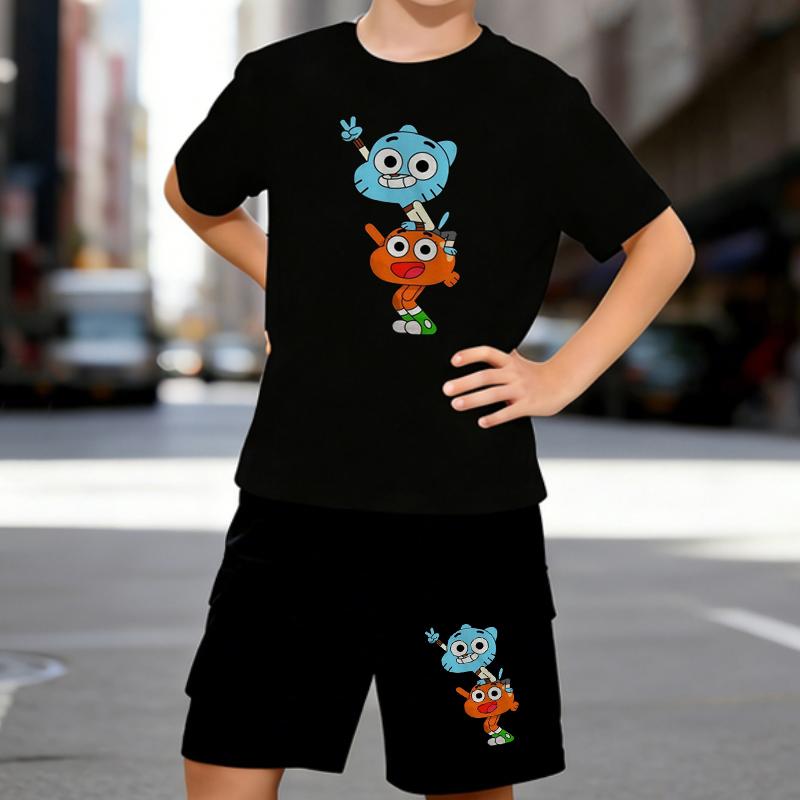 

Boys 2 Piece Cute Cartoon Printed outfit, Short Sleeve T-Shirt and Shorts Set for Kids Age 5-14,White, Black Sporty Casual Summer Clothes 5-6 Years чёрный