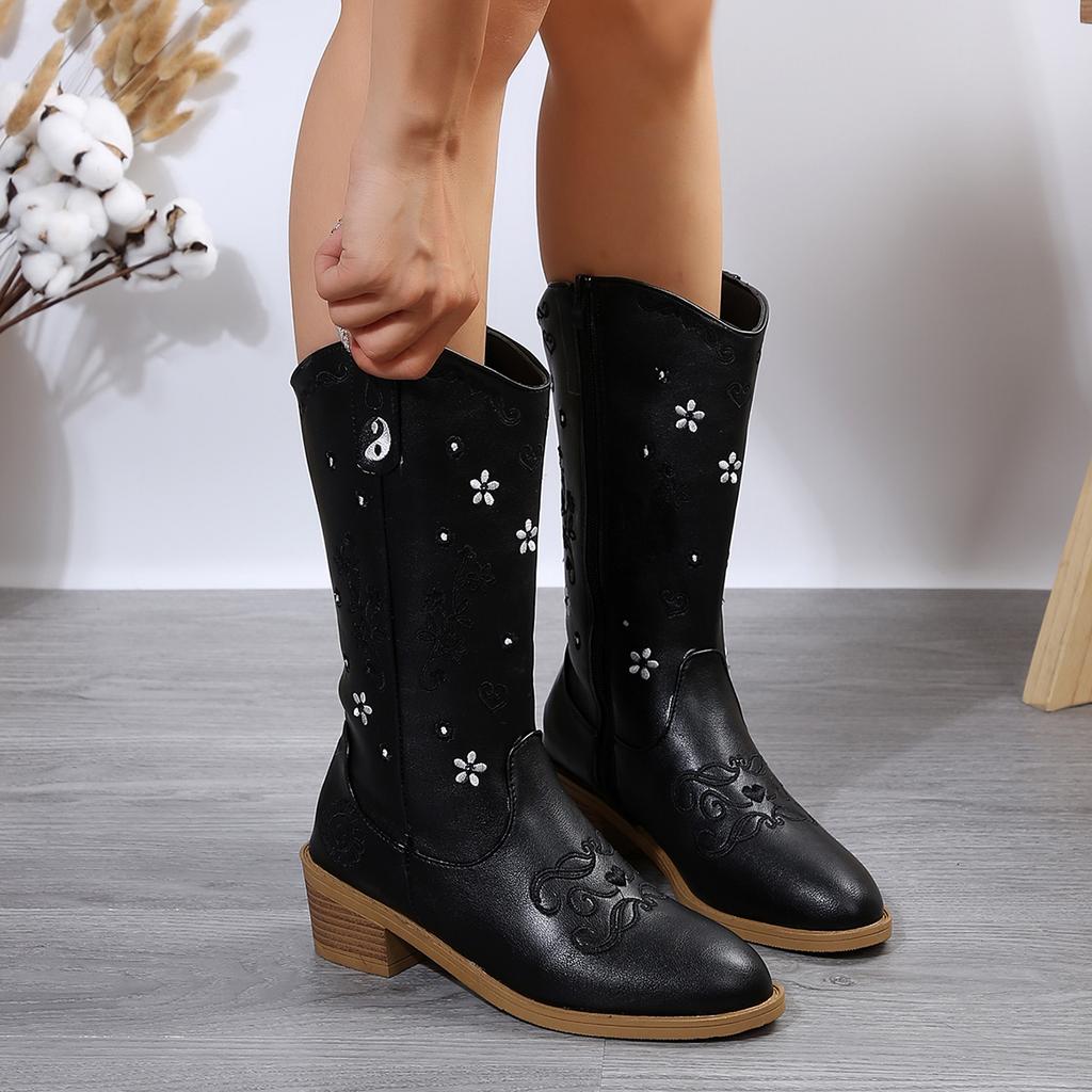 Fashion Aphixta Flower Dec Pointed Toe Knee Boots Women Winter Shoes Side Zip Square Heels Women Boots Big Size 43