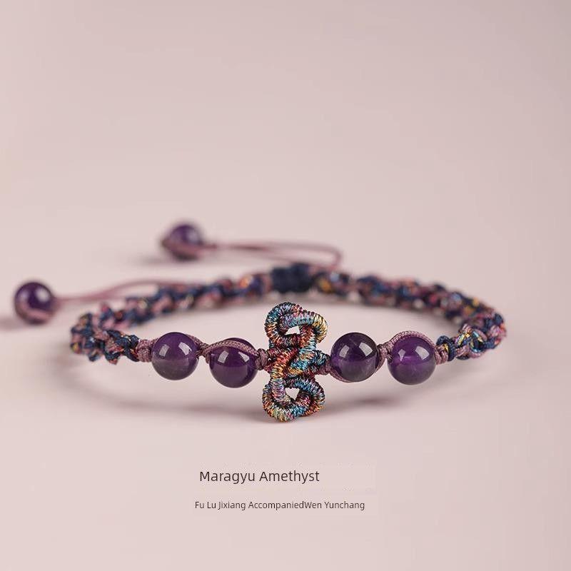 

Браслет из натурального аметиста ручной работы для мужчин и женщин, плетеный узлом, парный браслет, подарок студенту, сдающему вступительный экзамен в аспирантуру Uruguay Amethyst/Wenchang Knot(Manjusri Blessing)