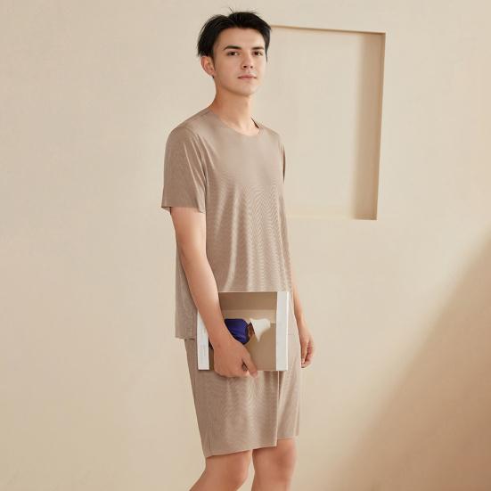 2Pcs/Set Men Pajamas Set O-Neck Short Sleeve T-shirt Elastic Waist Shorts Set Solid Color Home Clothing Suit