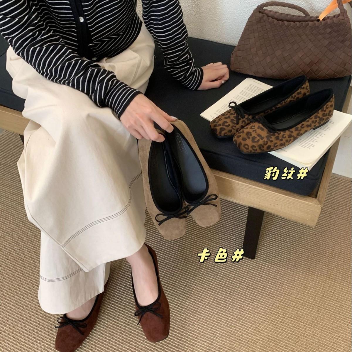 

2025 new square head bow light mouth suede leopard print soft sole foot cover versatile Doudou soft sole women s single shoes 40