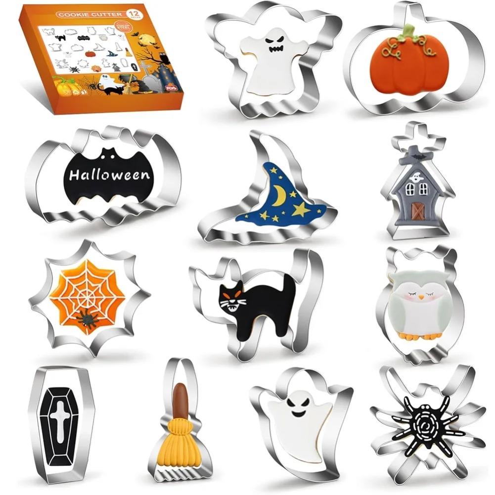12PCS Halloween Cookie Cutter Stainless Steel Cartoon Cookie Mold Pumpkin Bat Ghost Spider Web Baking Molds Kitchen Baking Tools